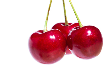 Image showing Three organic sweet cherries isolated on a white background