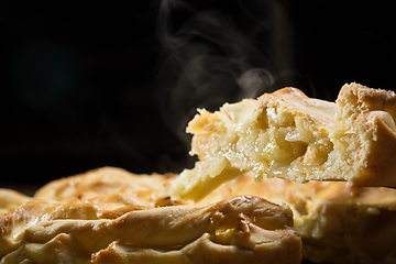 Image showing Slice of freshly baked apple pie on metal plate, closeup