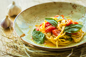 Image showing Homemade pasta with Basil and tomatoes