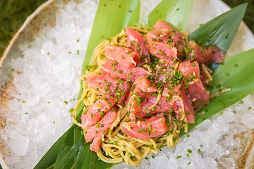 Image showing Cold pasta with tuna on ice 