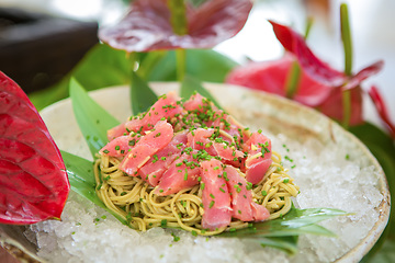 Image showing Cold pasta with tuna on ice