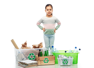 Image showing happy girl sorting paper, metal and plastic waste