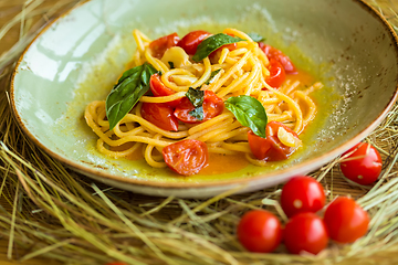 Image showing Homemade pasta with Basil and tomatoes