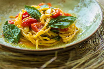 Image showing Homemade pasta with Basil and tomatoes