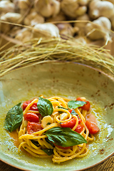 Image showing Homemade pasta with Basil and tomatoes