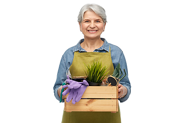 Image showing smiling senior woman with garden tools in box