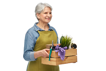 Image showing smiling senior woman with garden tools in box