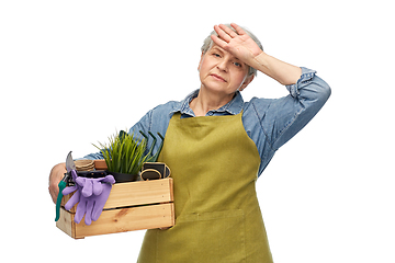 Image showing tired senior woman with garden tools in box