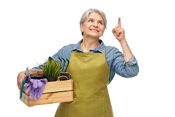 Image showing smiling senior woman with garden tools in box