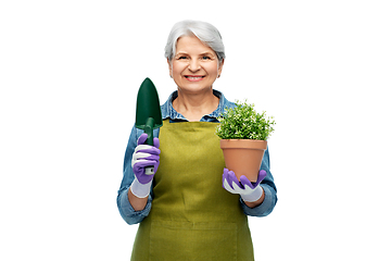 Image showing old woman in garden apron with flower and trowel