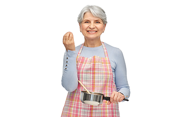 Image showing senior woman in apron with pot cooking food