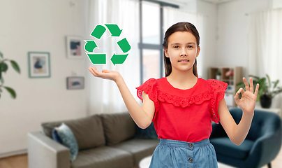 Image showing smiling girl with green recycling sign showing ok