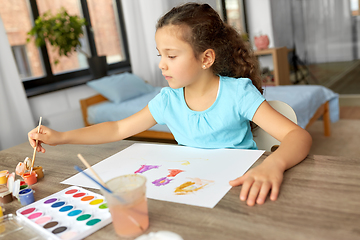 Image showing little girl with colors drawing picture at home