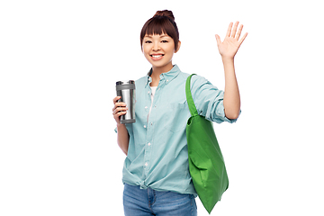 Image showing woman with tumbler and reusable food shopping bag