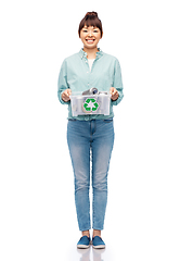 Image showing smiling young asian woman sorting metallic waste