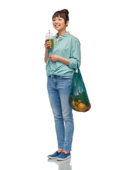 Image showing asian woman with drink and food in reusable bag