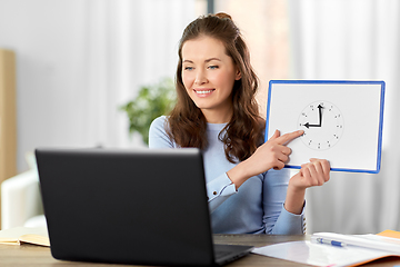 Image showing teacher with clock having online class at home