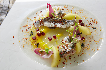 Image showing Salted Fish with Boiled Potato and Pickled Onions