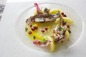 Image showing Salted Fish with Boiled Potato and Pickled Onions