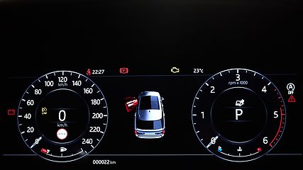 Image showing Modern car illuminated dashboard closeup