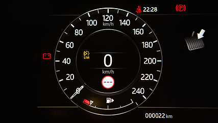 Image showing Modern car speedometer. Close up shot of the dashboard a car.