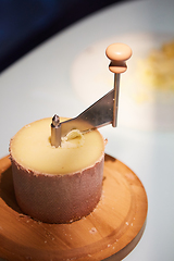 Image showing Swiss cheese Tete de Moine with a Girolle.