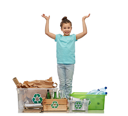 Image showing happy girl sorting paper, metal and plastic waste