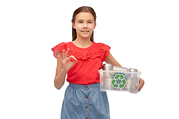 Image showing smiling girl sorting metallic waste and showing ok