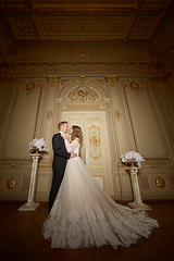 Image showing Charming wedding couple in interior in Baroque style is hugging each other on great royal palace