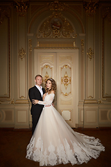 Image showing Charming wedding couple in interior in Baroque style is hugging each other on great royal palace