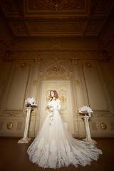 Image showing elegant stylish bride looking at rich interior in old building