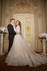 Image showing Charming wedding couple in interior in Baroque style is hugging each other on great royal palace