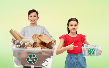 Image showing smiling girl and boy sorting paper and metal waste