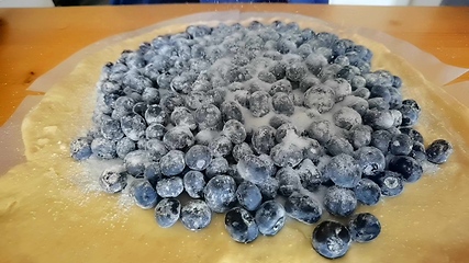 Image showing Blueberries sprinkled with powdered sugar. The process of cooking dessert. Cooking cake with berries. Sugar powder in slow motion falling on dessert.