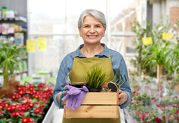 Image showing smiling senior woman with garden tools in box