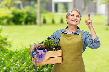 Image showing smiling senior woman with garden tools in box