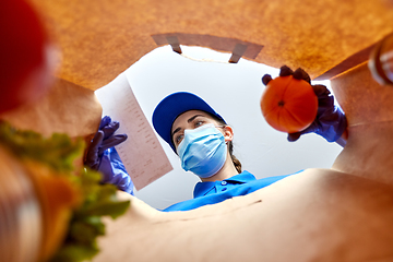 Image showing delivery girl in gloves and mask with food in bag