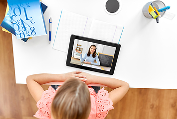 Image showing girl with tablet pc having online class at home