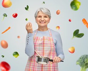 Image showing senior woman in apron with pot cooking food