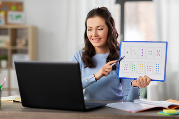 Image showing math teacher having online class on laptop at home