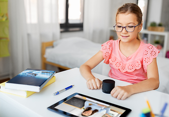 Image showing girl with smart speaker learning online at home