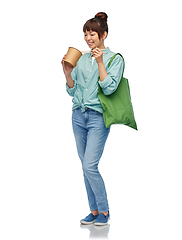 Image showing asian woman with reusable bag for food and wok