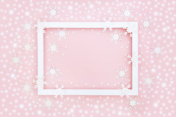 Image showing Christmas Abstract Snowflake and Snow Pink Background Border