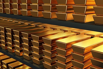 Image showing Gold bars stacked on shelves