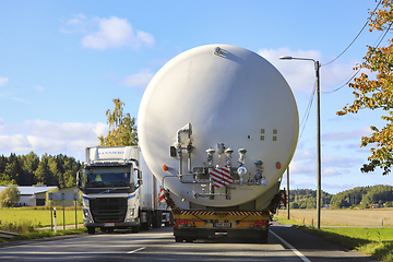 Image showing Wide Load Transport of LNG Storage Tank On Road, Truck Takes Cau