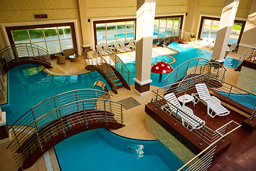 Image showing Luxury swimming pools in a modern hotel