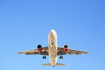 Image showing airplane overhead against blue sky