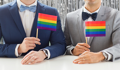 Image showing close up of male gay couple holding rainbow flags