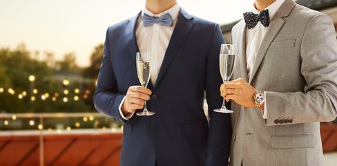 Image showing close up of male gay couple with champagne