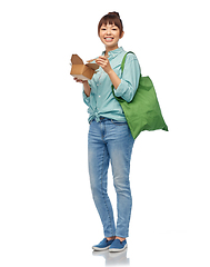 Image showing asian woman with reusable bag for food and wok